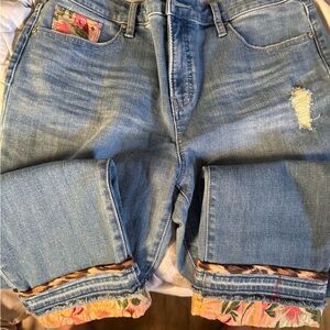 Floral Cuffed Blue Denim Ankle Jeans